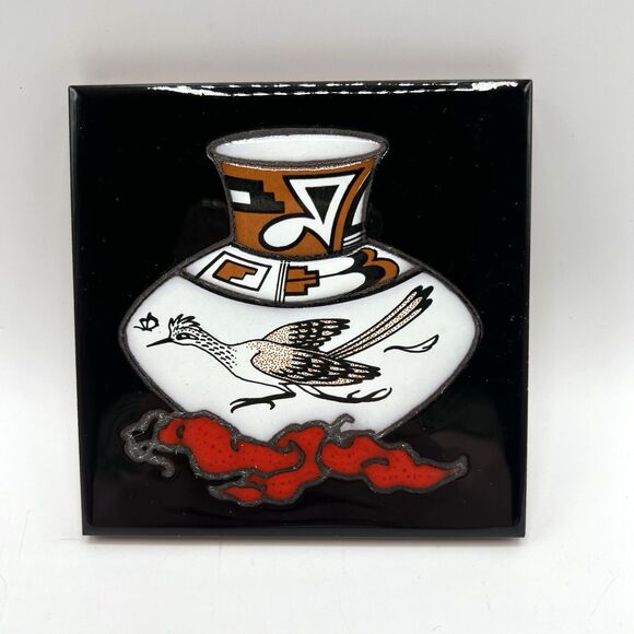 Vintage Cleo Teissedre Ceramic Tile Roadrunner Pottery Hand Painted Southwest 4" - Picture 2 of 8
